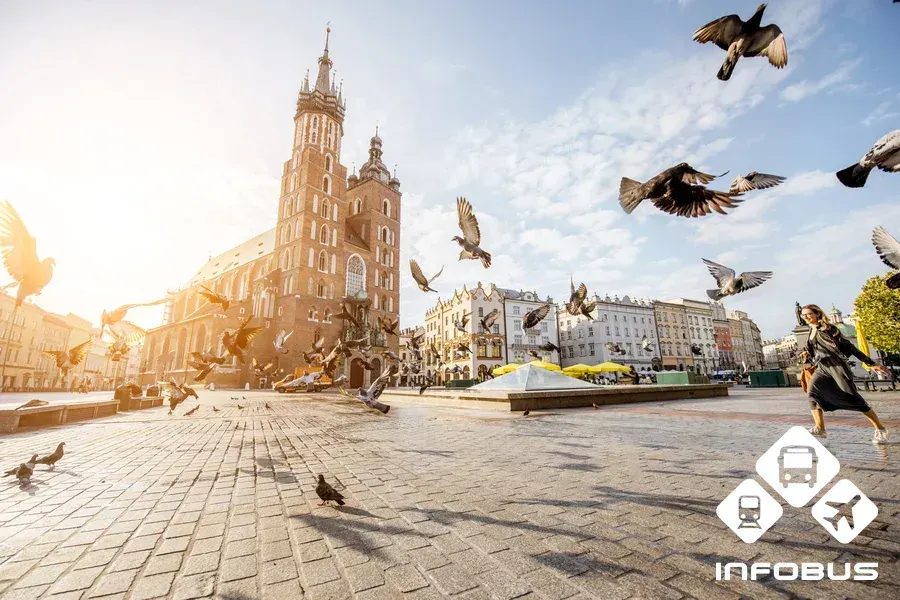 Main Market Square with St. Mary's Basilica in Kraków, Poland.