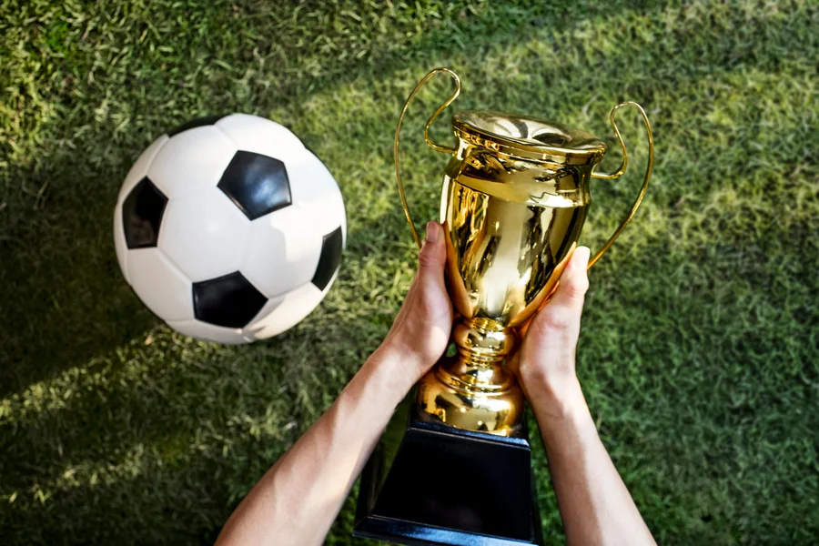 A football next to a trophy on a football pitch.
